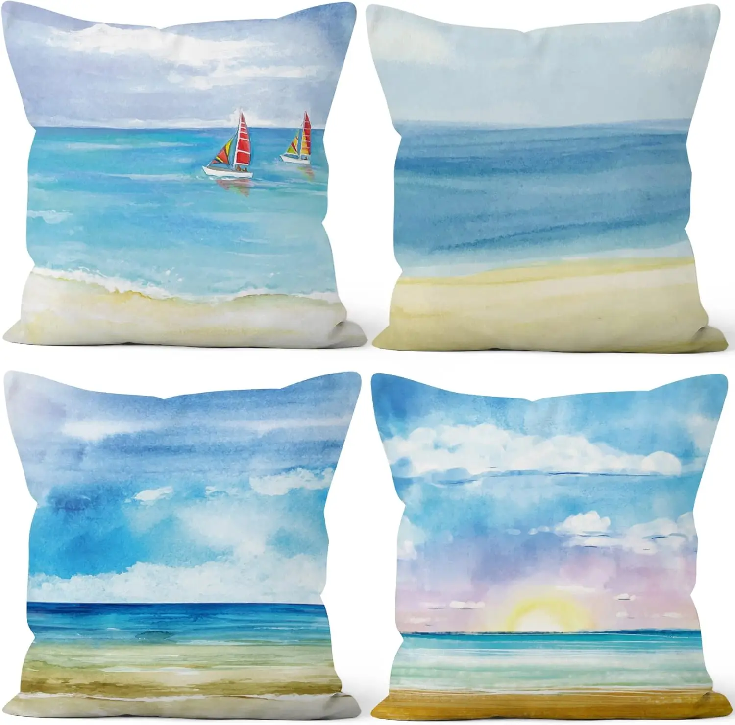4pcs Watercolor Beach Ocean Sailboat Printed Pillow Cover Polyester Cushion Case 2D Flat Coastal Decor Now