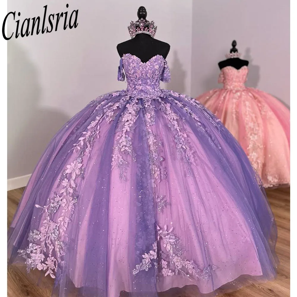 فساتين Quinceanera الأرجواني المكسيكي ، ثوب حفلة ، مزينة بالخرز من الدانتيل ، فستان الأميرة الحلو 16 ، 15 عاما