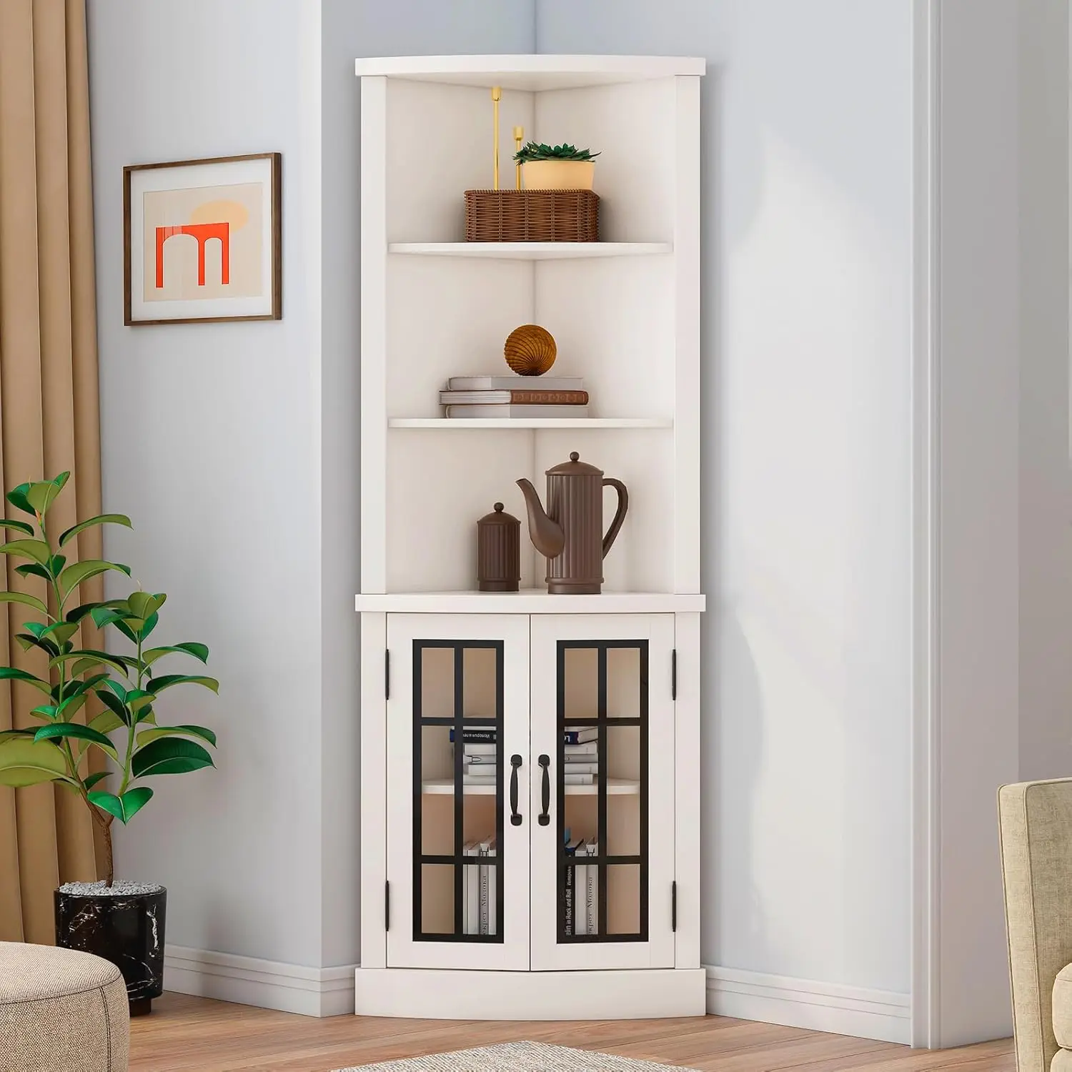 Curved Corner Storage Cabinet, Tall Freestanding Bookcase with Glass Doors & Adjustable Shelves, 5-Tier Corner Display Cabinet