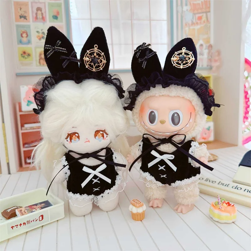 Roupas de boneca ídolo kawaii de 10cm, macacão preto fofo, vestido com orelha de coelho, conjunto de 2 peças de roupas de boneca de pelúcia, acessórios, presentes para fãs