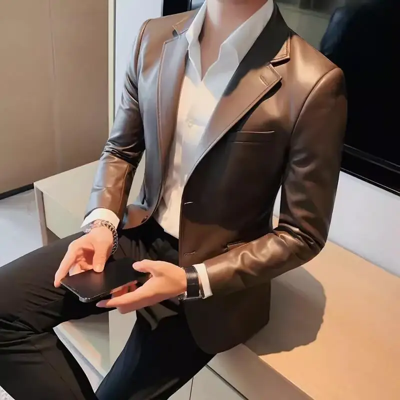 Men\'s Leather Jacket 2024 Autumn Highend Fashion Solid Slim Fit Business Blazers Coats Korean Casual PU Leather Suit Tuxedo