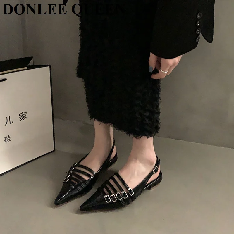 2023 New Fashion Pointed Toe Flat Heels Sandals Women Female Mule Slip On Slide Brand Narrow Band Ankle Strap Ladies Shoes Mujer