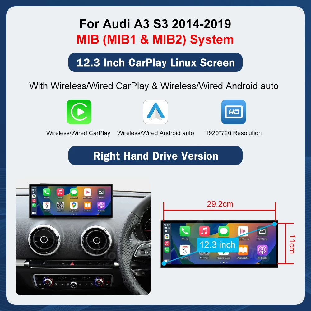 12.3 inch Touchscreen Multimedia Display Voor Audi A3 2014-2019 Airplay Miracast Functie Draadloze Carplay Android Auto