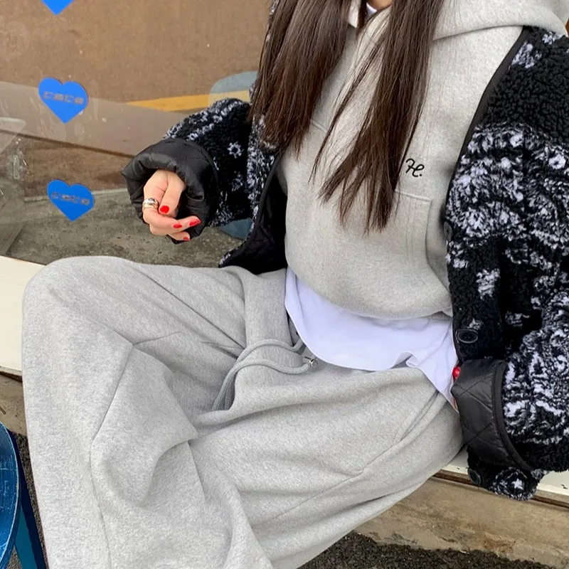 

Women's Hooded Fce Sweatirt Set Thiened ort Top High Waist Wide Leg Pants Casual Comfortable Autumn Winter Outfit