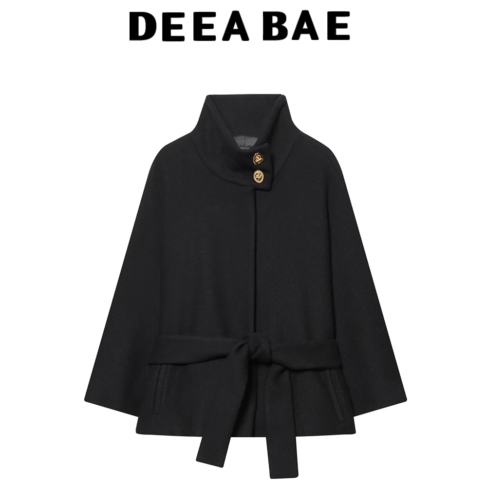 

DEEABAE Winter New Arrival Women's French Flair High-Neck Long Sleeve Belted Short Coat Jacket