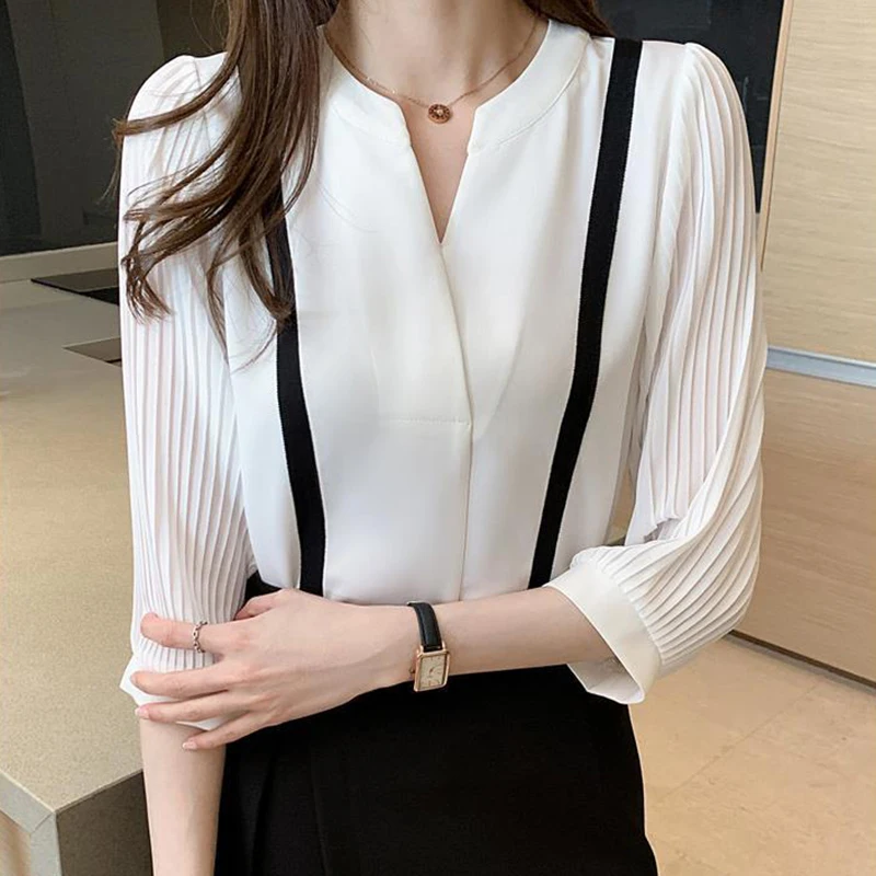 Chiffon V Neck Elegant Blouse Women Casual Korean Fashion Sweet Shirt Summer Patchwork Three Quarter Sleeves Office Lady Tops