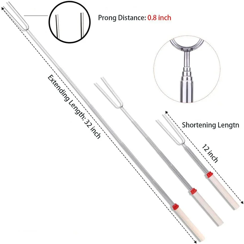 Marshmallow Roast with Wooden Handle Retractable Fork Set 32 ​​Inch Retractable Marshmallow Skewer Campfire Grill Tool