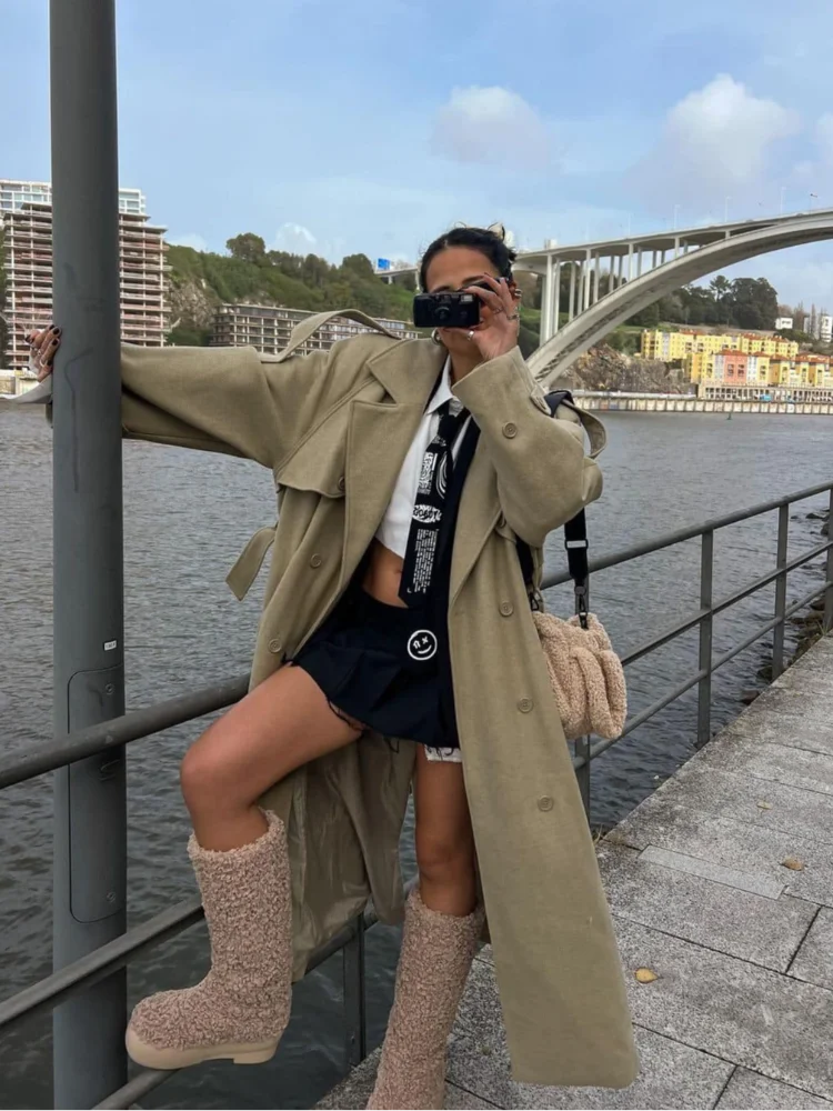 سترة نسائية مرقعة بشراشيب وحزام وجيب مزدوج الصدر معطف نسائي لخريف وشتاء 2024 بأكمام كاملة على شكل حرف A ملابس خارجية دافئة للسيدات