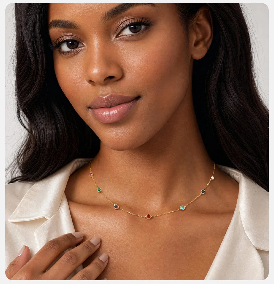 Vnox Minimalistisches, vergoldetes, mehrfarbiges Zirkonia-Schmuckset mit Halskette, Ohrringen und Armband für Damen, trendiger, farbenfroher Kristallschmuck – Detail 13