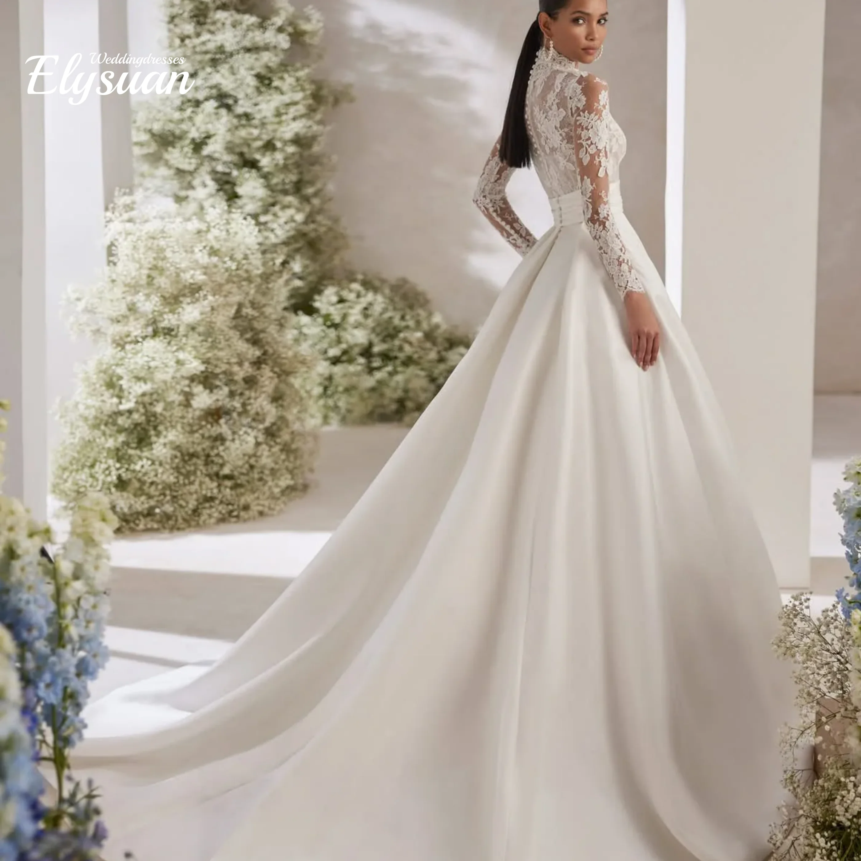 Customized Lace Appliques Wedding Dresses High Collar Long Sleeves  A-Line Bridal Gowns Party Dress  Vestidods De Novia