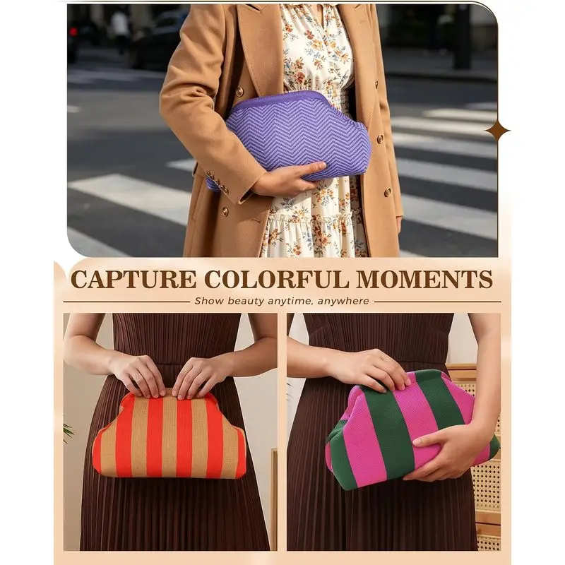 Women'S Striped Knit Clutch Bag Color Block Soft Pouch Handbag For Party Dinner Travel Daily