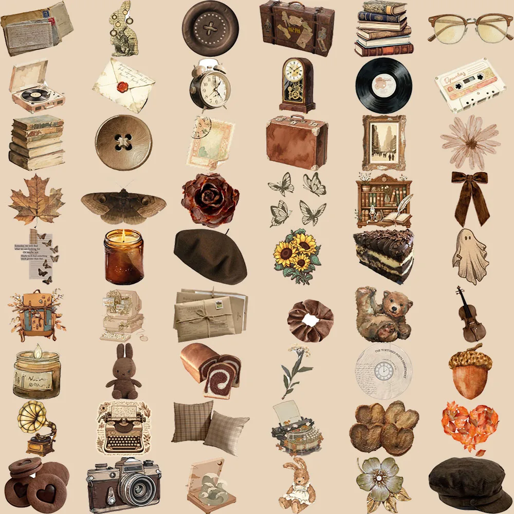 

500Pcs Vintage Aesthetic Waterproof Vinyl Stickers, Retro Brown Tone Decals for Journal Laptop DIY Craft Decor