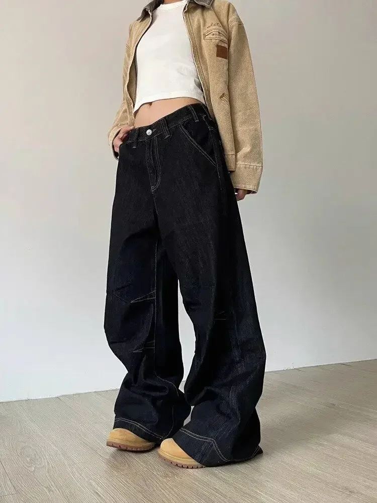 Deeptown Grunge Black Jeans Women Y2k Vintage Oversized High Street Wide Cargo Denim Trousers Casual Baggy Straight Denim Pants