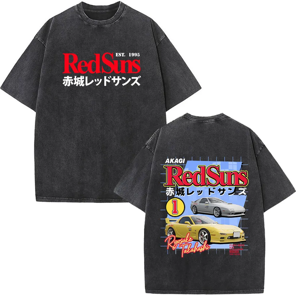 Washed Vintage Short Sleeve T-shirt Anime Initial D Drift AE86 Racing Car T Shirt Takumi Fujiwara R34 Skyline GTR JDM T-shirts