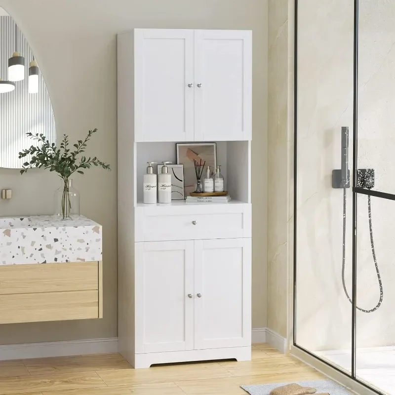 home.Tall Bathroom Storage Cabinets, Modern Linen Storage Cabinet with 4 Doors & Shelves & Drawer, 67