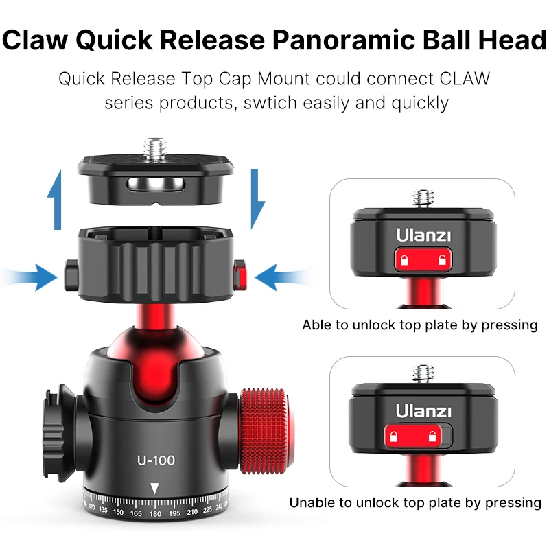 Ulanzi U100 Głowice statywowe z szybkozłączką Głowice statywowe DSLR Gimbal Slider Statyw Quick Switch Ballhead Extend Cold Shoe do oświetlenia LED