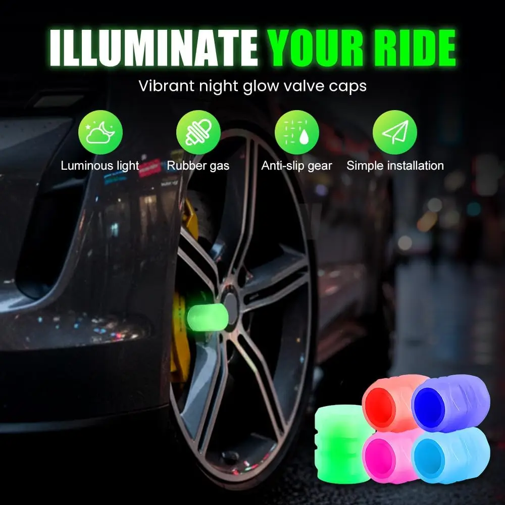 Fluorescent Tire Valve Caps 4PC Glow in Dark Dustproof Stem Covers for Car SUV Motorcycle view 5
