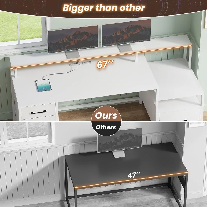 SEDETA Computer Desk with 5 Drawer & Power Outlet 66'' Home Office Desk with File Drawer Storage Shelves with Led Lights US