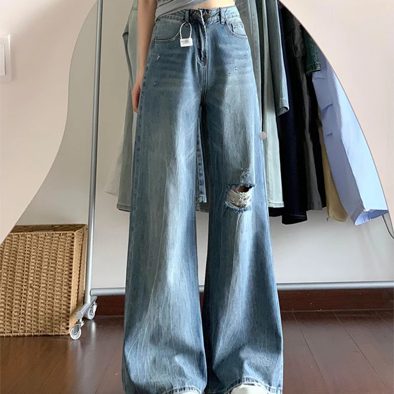 

S-3xl Blue Hole Design Denim Pant Women Summer Trendy High Waist Straight Trousers Casual Versatile Wide Leg Jeans Female