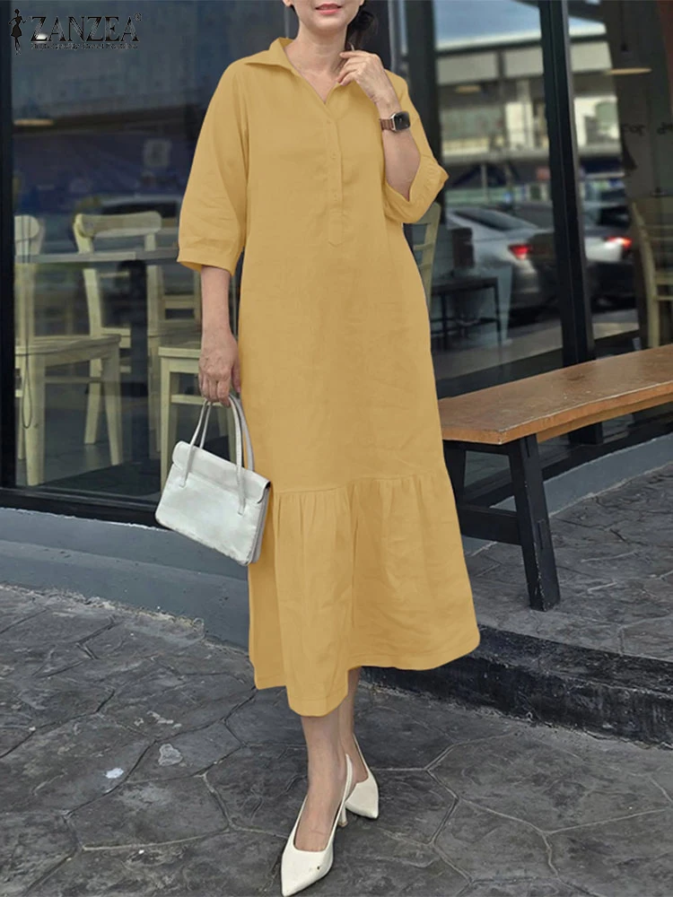 ZANZEA Frauen 3/4 Ärmel Solide Kleider 2025, Herbst Sommerkleid Revers Neck Midi Robe Elegante OL Arbeit Kleid Stilvolle Urlaub Vestidos