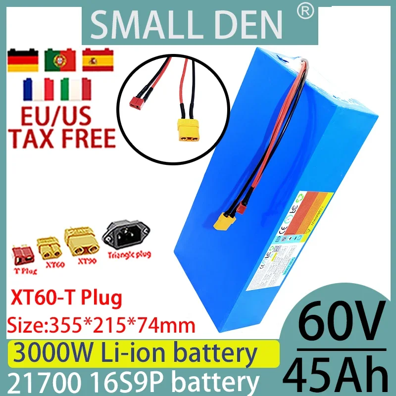 60V 45ah 21700 lithium battery pack 16S9P built-in BMS 1000-3000W motor high-power rechargeable battery+2A 3A 5A charger