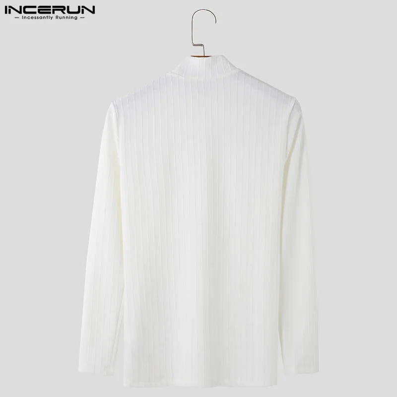 INCERUN Men T Shirt Striped Mesh Patchwork Turtleneck Long Sleeve Men Clothing Streetwear 2024 See Through Fashion Camsietas