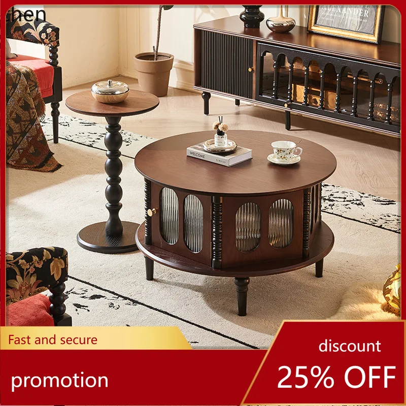 

CZ Solid Wood Coffee Table Living Room Multifunctional Small Apartment Storage Round Side Table Combination Small Tea Table
