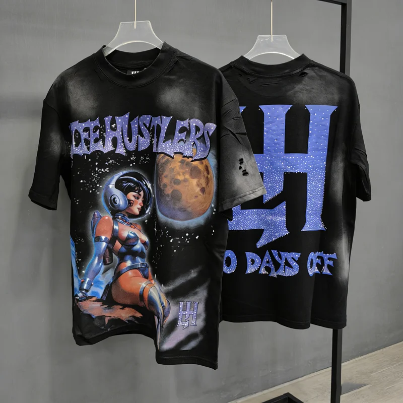 

Sexy Spacewomen Print Life Hustlers T Shirt Washed Hole Damaged Tee Men Women High Street Loose Casual Short Sleeve T-shirt
