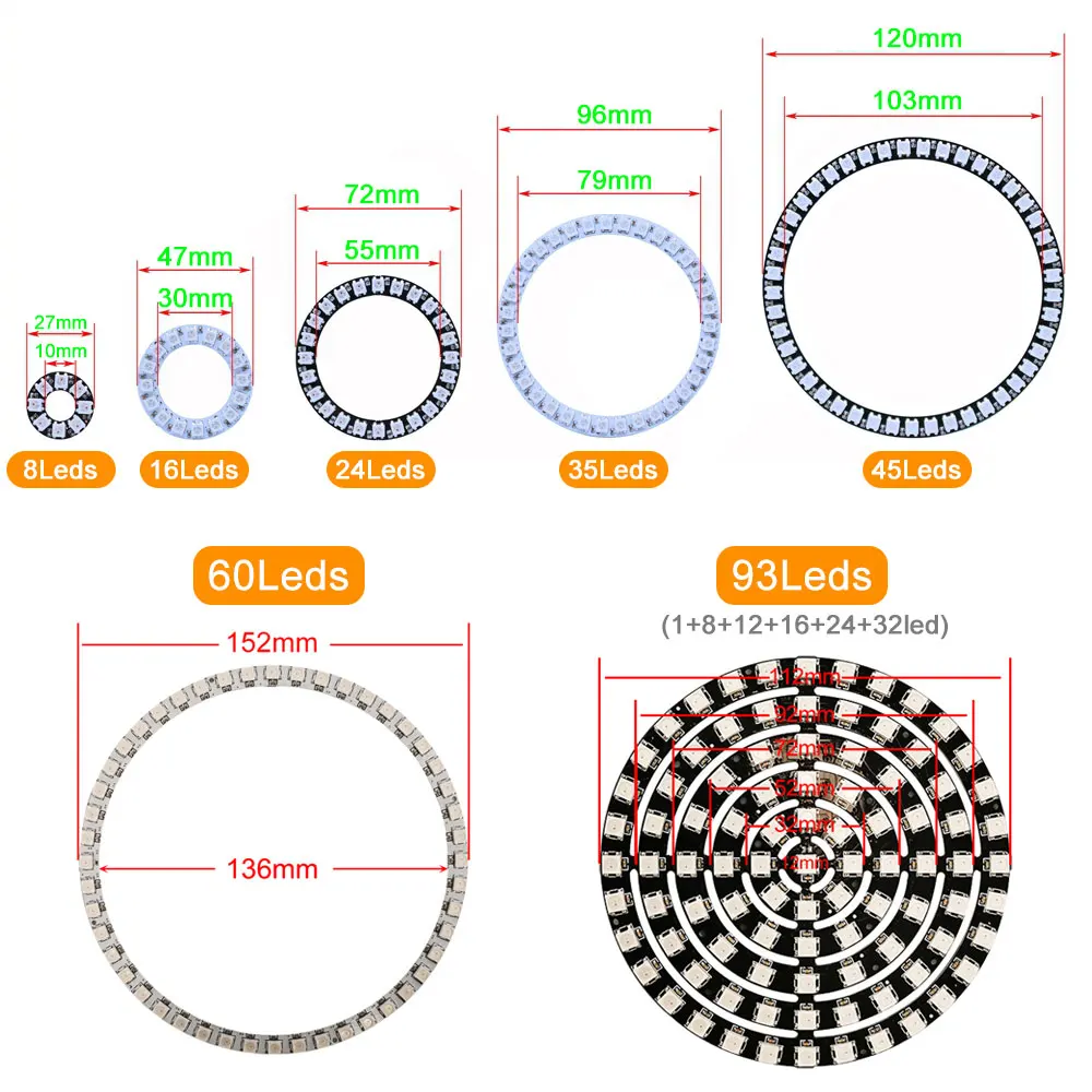 Imagem -02 - Anel de Pixel Redondo Rgb Colorido Faça Você Mesmo Individualmente Endereçáveis Led Círculo Módulos Ws2812 ic Smd 5050 Led Luz dc 5v Ws2812b