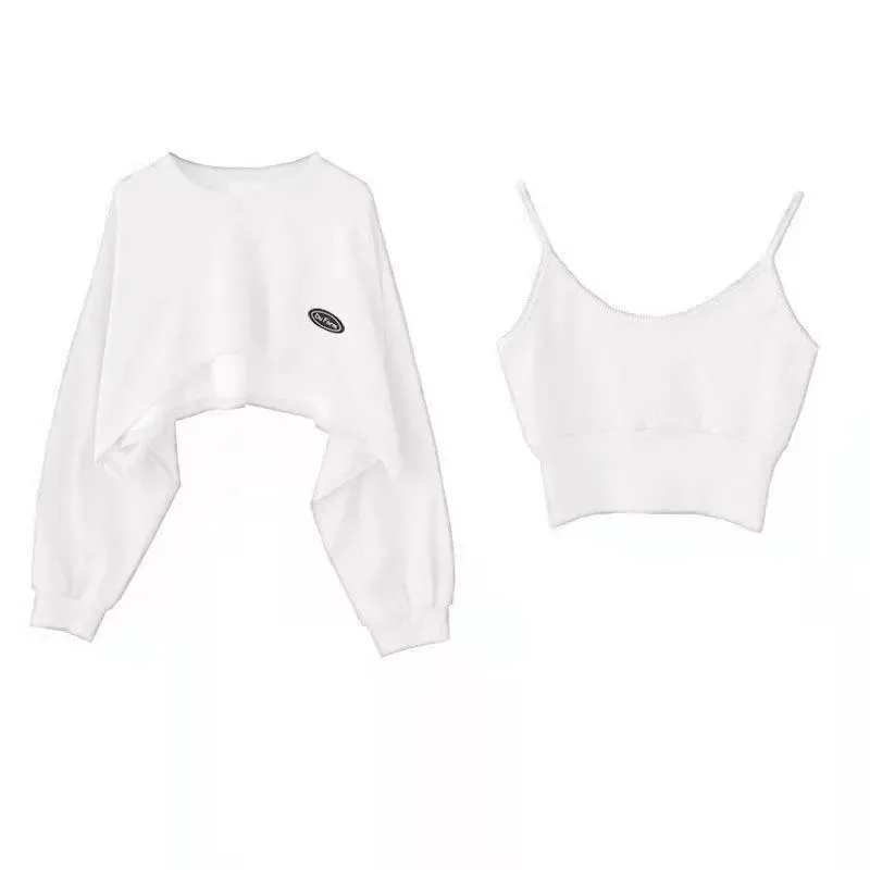 GIDYQ Crop Thin Sweatshirt Two-piece Women Korean Casual Bat Long Sleeve O Neck Tees Fashion Chic Solid Simple Tops Autumn New