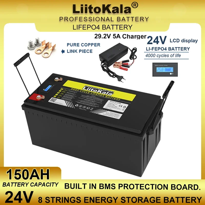 LiitoKala 24V 150Ah 8 Strings LiFePO4 Battery 29.2v Lithium Iron Phosphate for Solar Energy Camping Off-Road Golf cart Tax Free