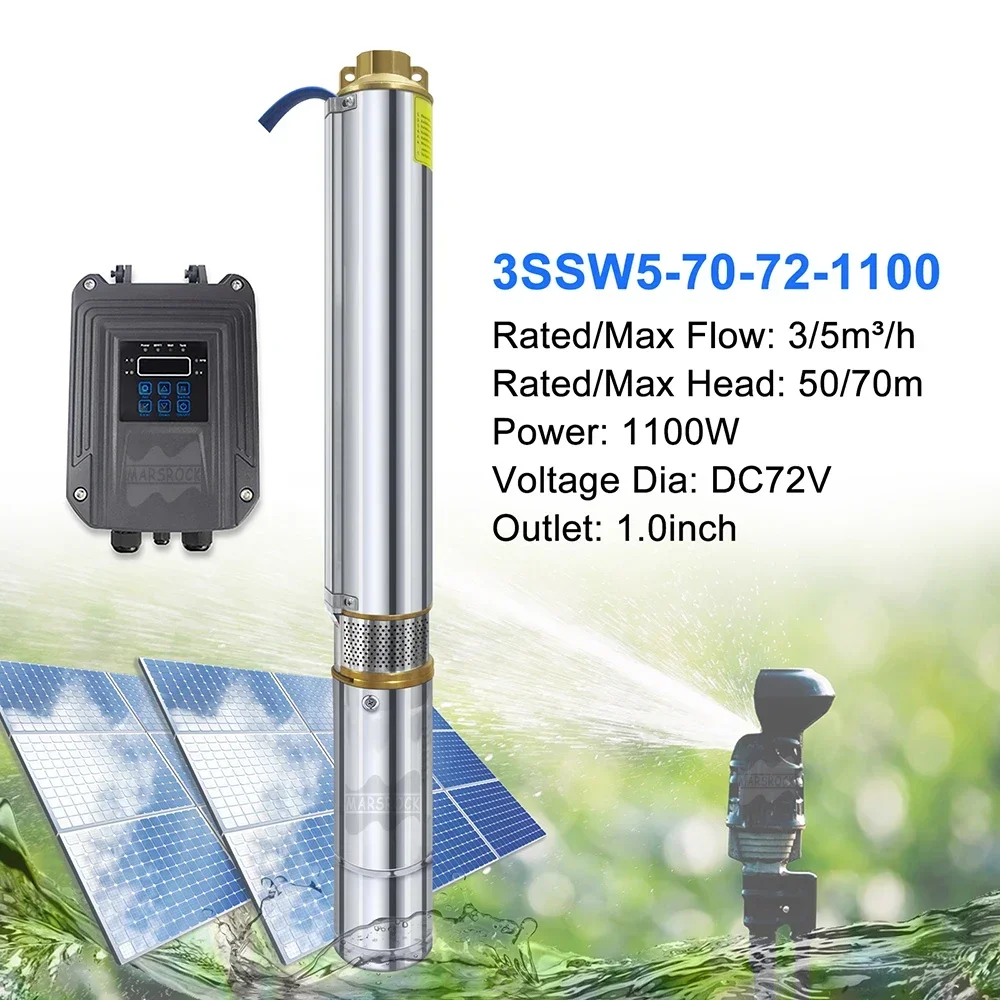 1100W 72V Solar DC Pump Brushless Deep Well Water Pump Head 70M Stainless Steel Solar Submersible Pump for Home and Agriculture