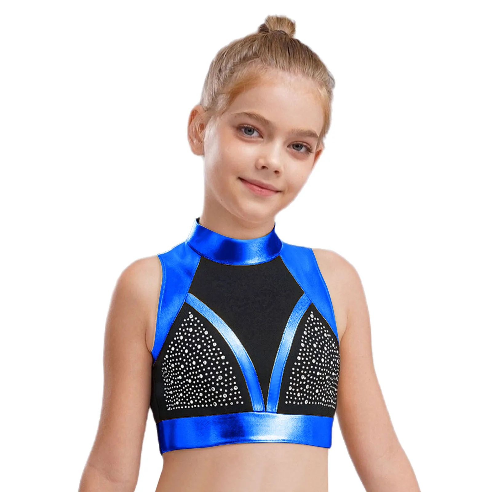 Children Girls Gymnastics Ballet Dance Leotard Sleeveless Rhinestones Metallic Leotard Top Shorts Set for Figure Skating Dance
