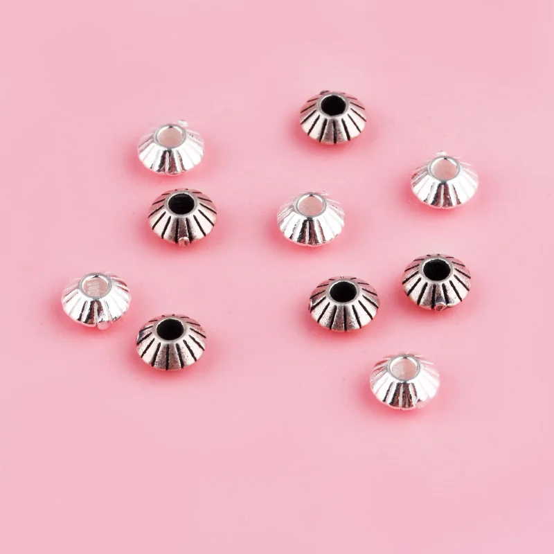 5pieces S925 sterling silver retro vertical patterned flying saucer through-hole spacer beads DIY rope jewelry accessories