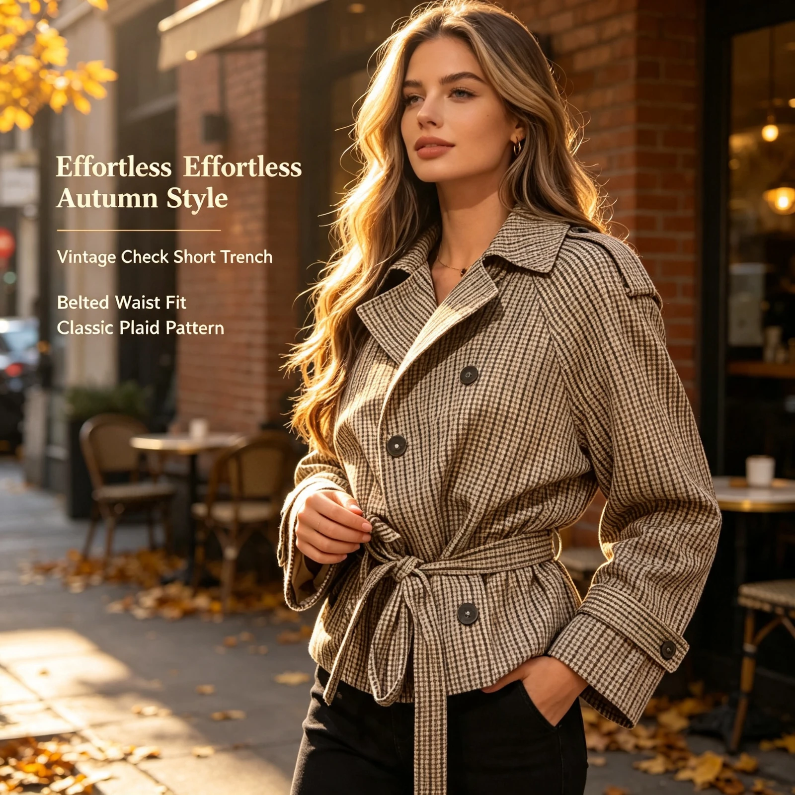 Women Short Plaid Trench Coat, Vintage Checkered Double Breasted Jacket, Belted Waist Casual Blazer Autumn, Outerwear Top