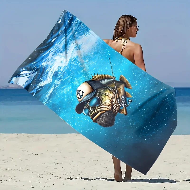 Cartoon Fishing Fish Beach Towel Funny Angler Print Soft Quick-Dry Large Bath Towel for Kids Swim Pool Travel Gift