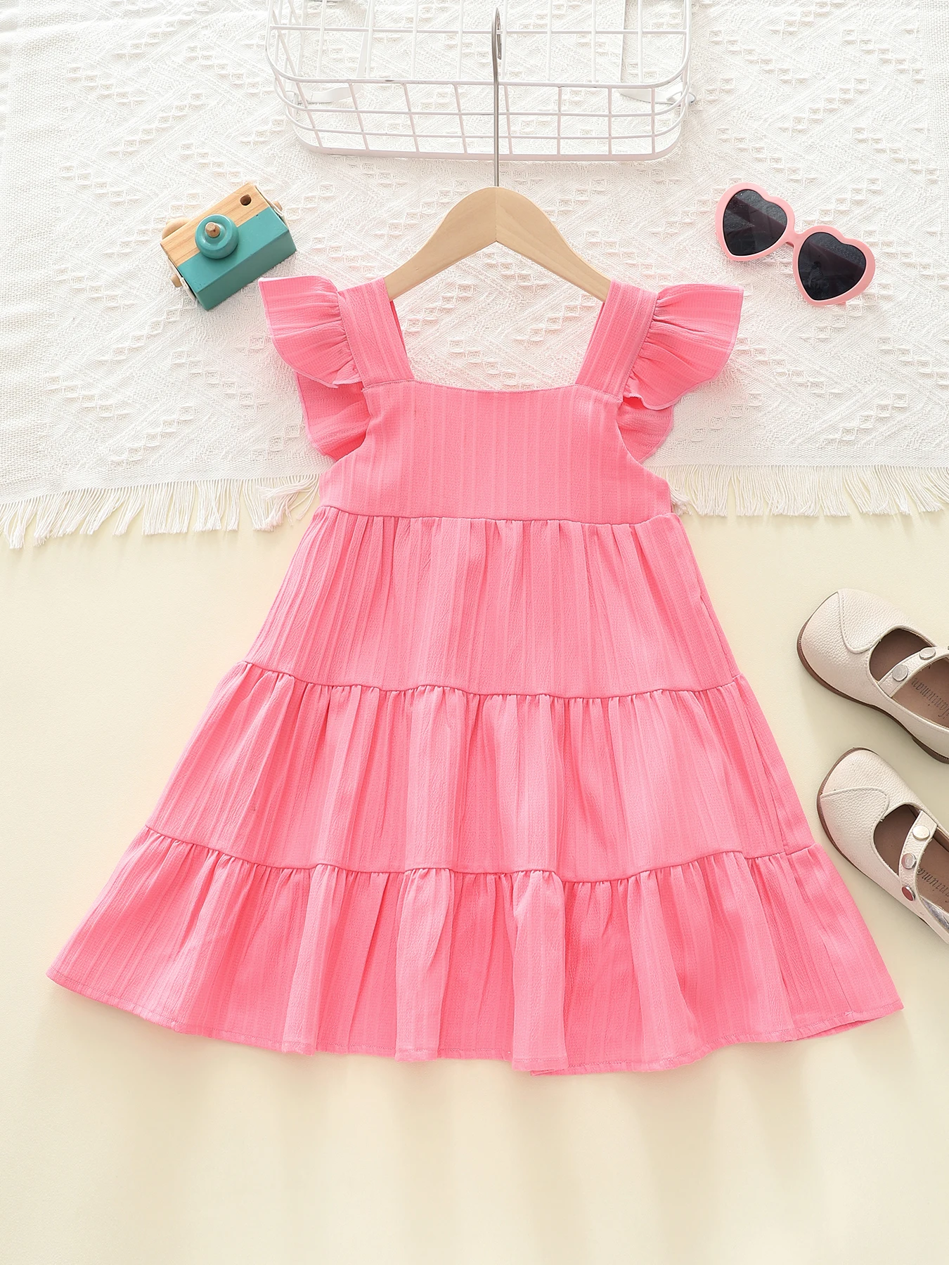 New Summer Style Children Clothing Flying Sleeve Solid Color Pleated Princess Cake Dress Girls Costume Dress