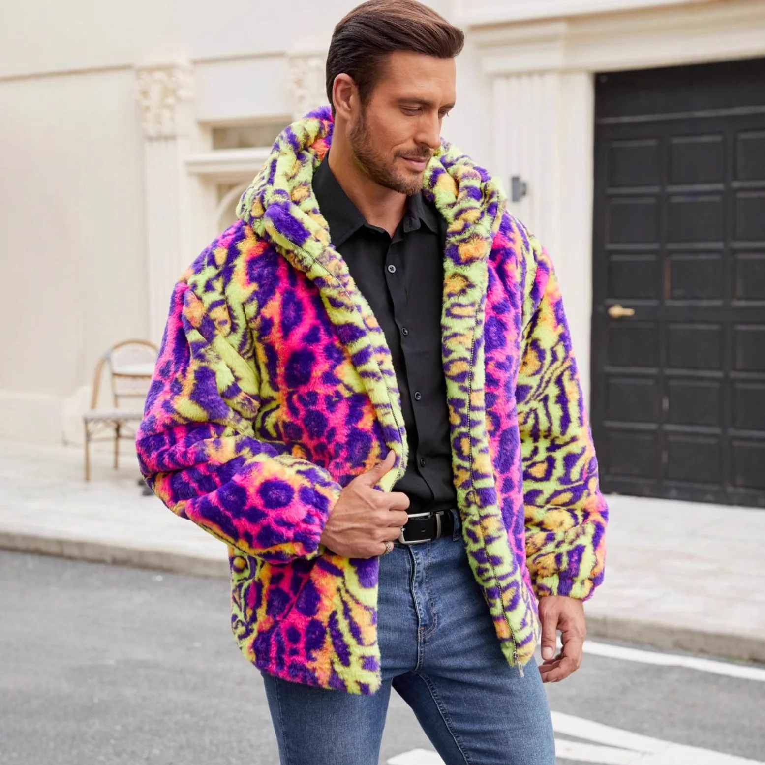Men's Leopard Casual Trendy Loose Long Sleeve Thicken Hooded Faux