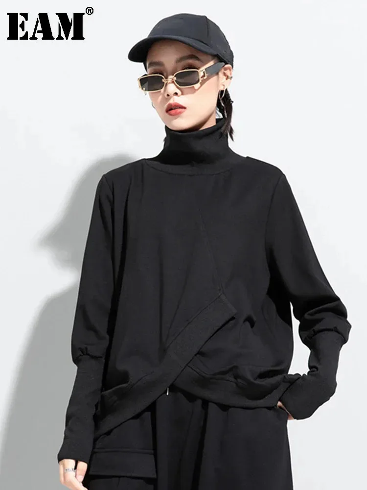 [EAM] Women Black Irregular Split Joint Big Size T-shirt New Turtleneck Long Sleeve  Fashion Tide Spring Autumn 2025 1DC670