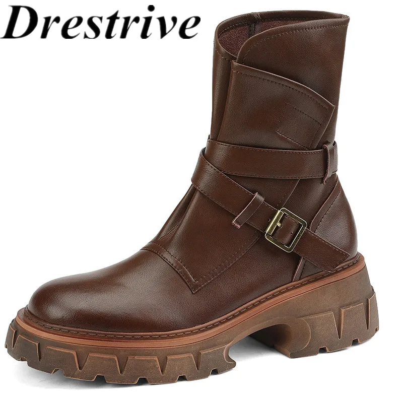 

Drestrive 2022 Fashion Women Ankle Boots Buckle Thick Mid Heels Round Toe Platform Winter Shoes High Quality Brown