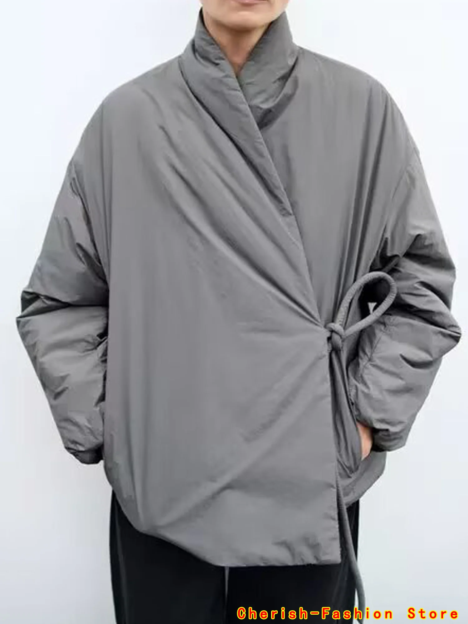 

2025 Autumn Winter Lady Warm Outerwear Casual Women's Gray Lace Up Cotton Coat Loose V-neck Long Sleeve Pocket Thick Jackets Hot