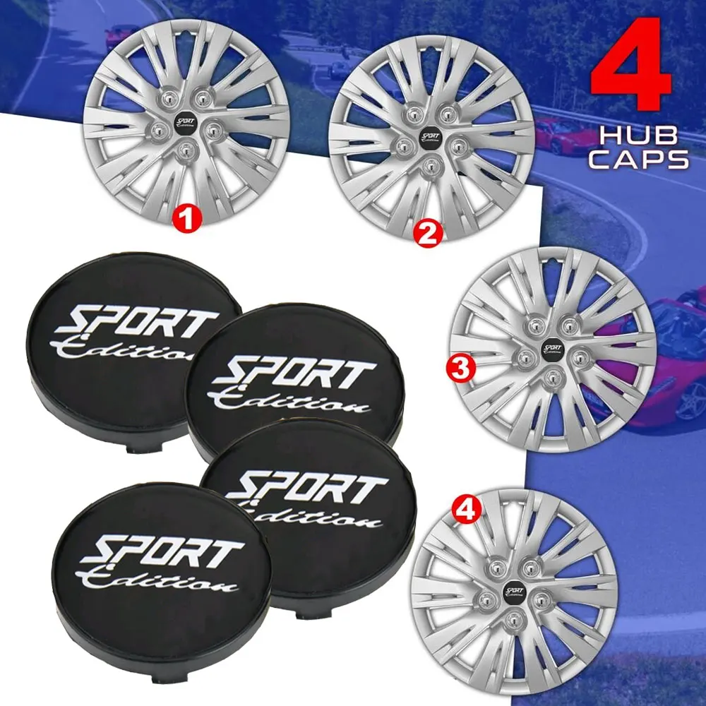 4PCS Universal Wheel Center Cap SPORT EDITION Logo Wheel Cover Hub Cap Rim Cap Car Accessories Silver/Black Exterior Styling