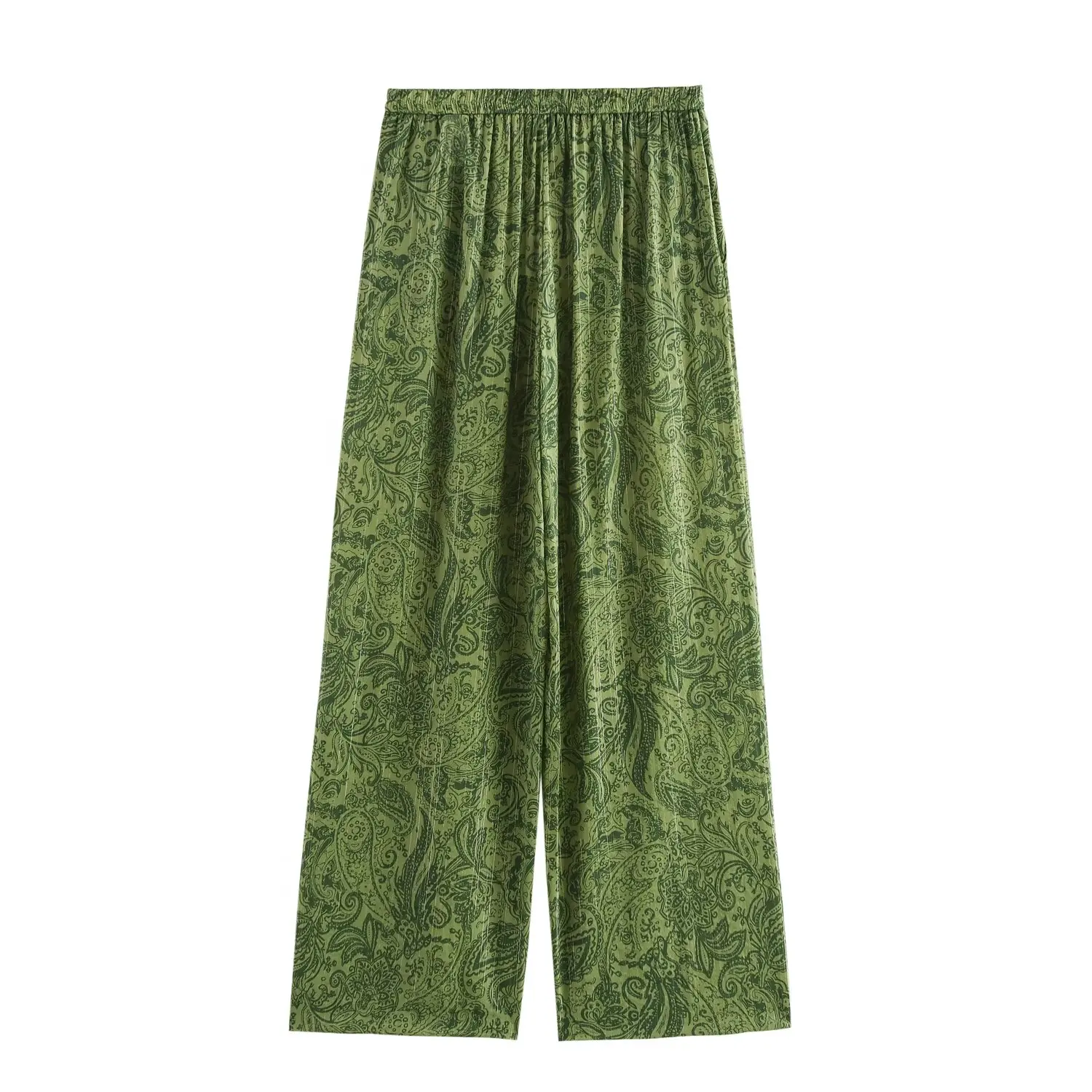 TRAF Metallic Print Pleated Trousers Women Green Wide Leg Pants for Women Summer Loose Pants Women 2024 Casual Baggy Pants Woman