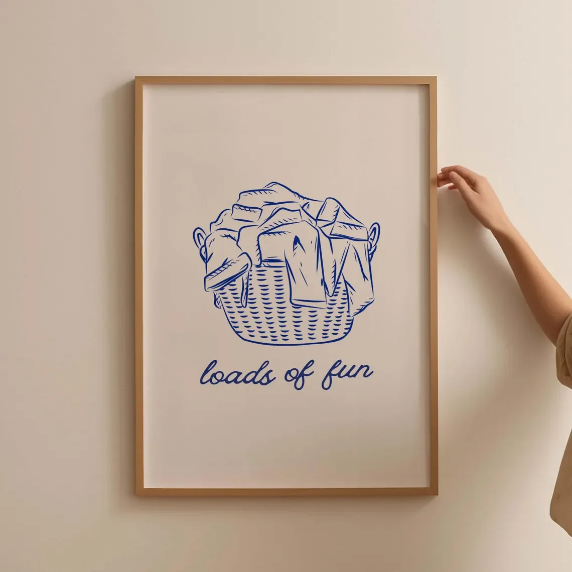 Cheerful Laundry Day Wall Art - Whimsical Line Drawing Print Celebrating the Humor of Household Chores. The delicate blue linewo view 3