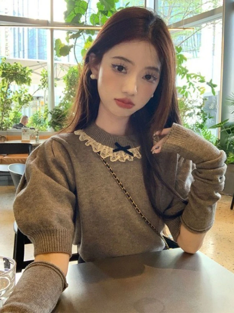 

Korean Lace Long Sleeve Sweater for Women Autumn Lazy Style Knitted Bottoming Top Fashion Sweet Bow Red Pullovers Mujer