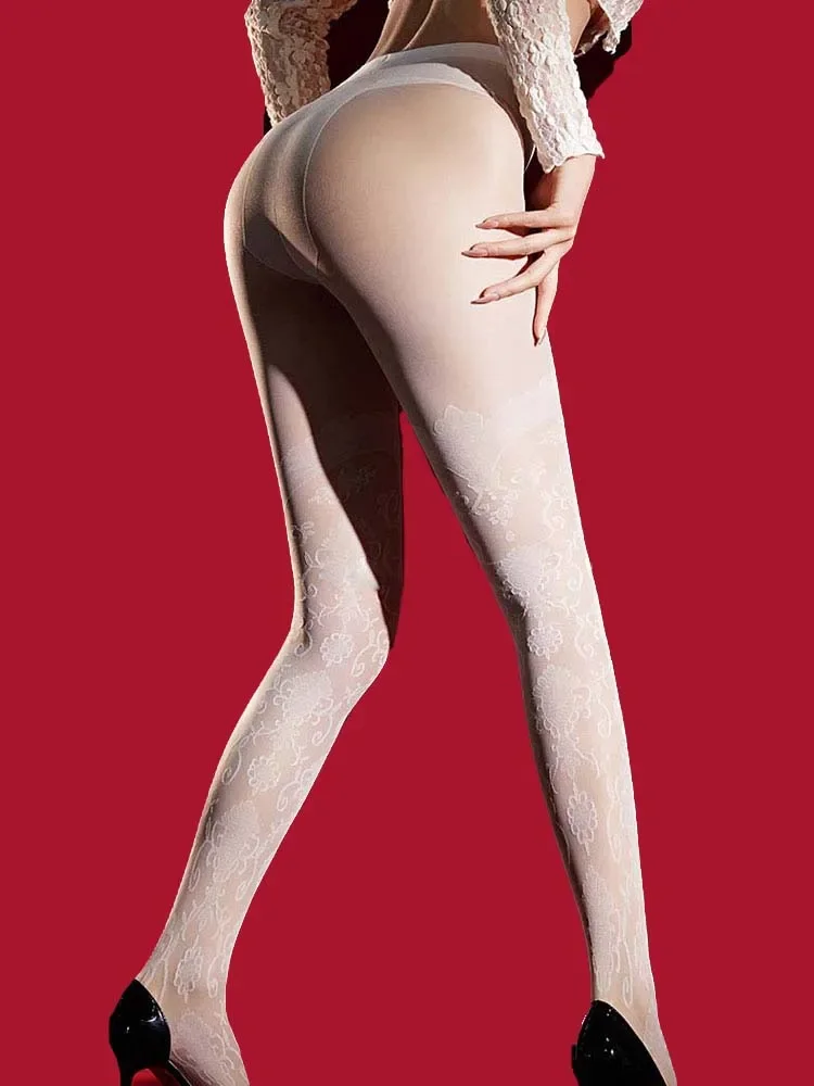 Sexy Women Lace Yoga Pantyhose 1D Thin Fashion Printing Oil Shiny Sheer See Through Tights Sexy Maid Lingerie Shaping Stocking