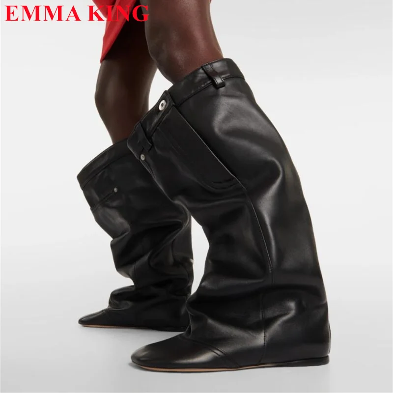 

New Designer Women Wide Mid Calf Boots Female Slip On Wedges Pants Boots Fashion Autumn Casual Shoes Woman Black Knight Boots