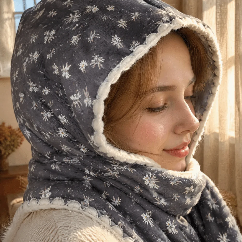 Fashion Double-Sided Winter Scarf Hat Warm Thick Hooded Earmuffs Scarf Convertible Floral Print Two-In-One Hat Scarf Autumn
