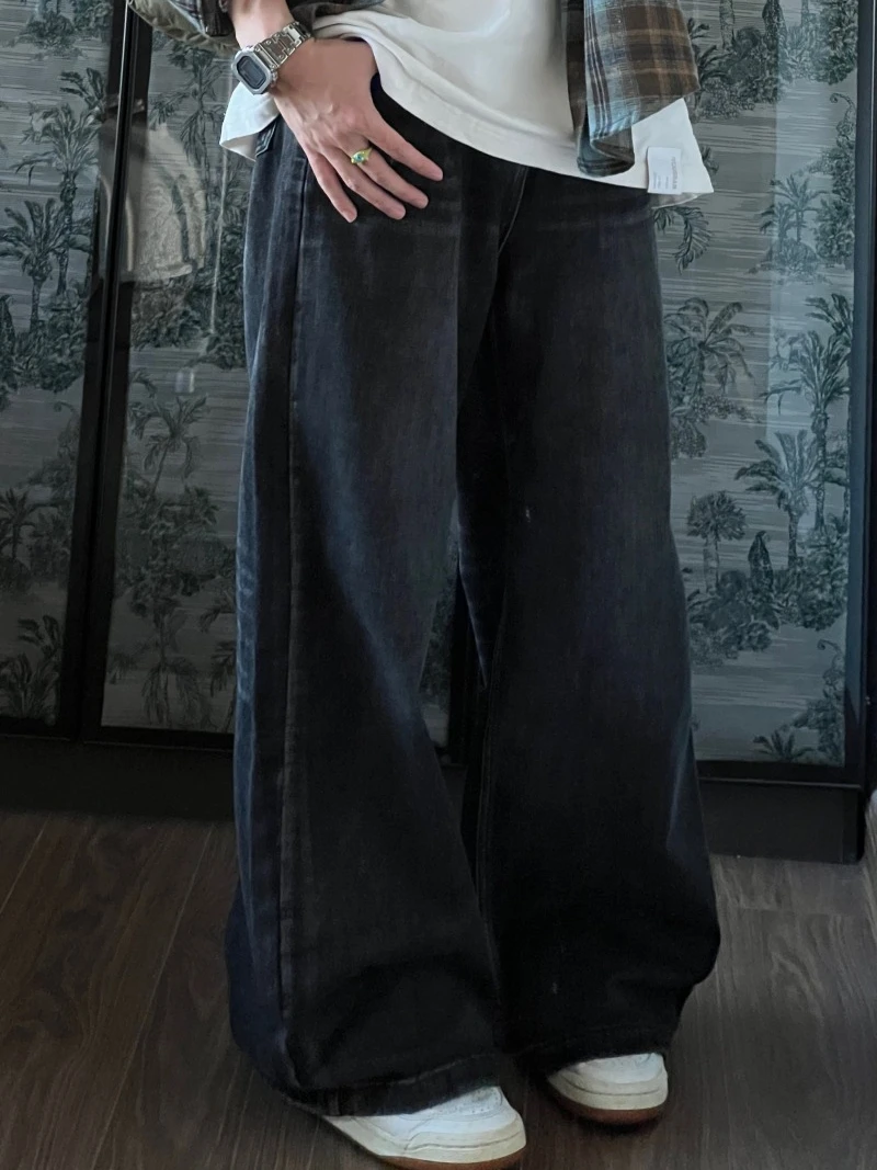 

Loose Fit Men's Jeans High Waist Straight Leg Casual Long Trousers Distred Bla Waed American Retro Sle Youth Faion