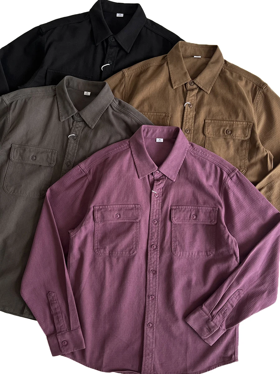 

Retro Pure Cotton Long Sleeve Shirt Thickened Autumn Winter Men's Loose Fit Workwear Stand Collar Button down Coat Youth Fashion
